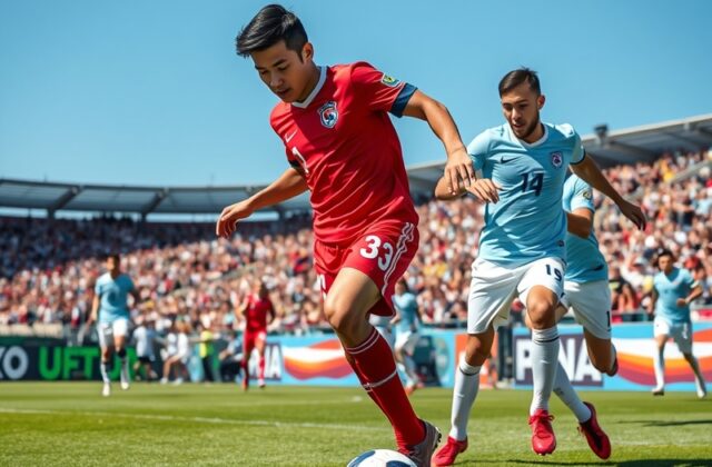 An action-packed scene from a South Korea vs Uruguay football match, showcasing players in dynamic poses, intense crowd react