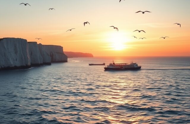A panoramic view of the English Channel at sunset, showcasing the water's shimmering surface with boats sailing, and the clif