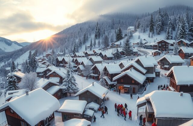A picturesque snowy landscape featuring a ski resort bustling with winter sports enthusiasts, surrounded by snow-covered moun