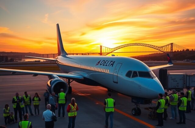 An image showcasing the Porto Airport with a Delta Airlines plane in the foreground, capturing the essence of an unexpected t