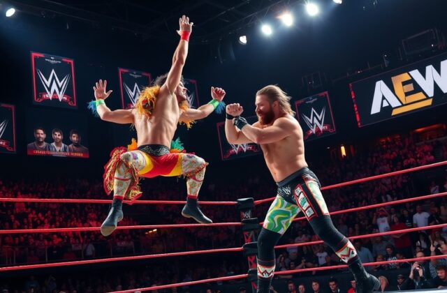 An action-packed wrestling match featuring AEW stars in a vibrant arena, showcasing the energy and excitement of professional
