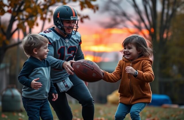 A warm family portrait of Case Keenum with his wife and children, smiling together outdoors, showcasing a loving and supporti