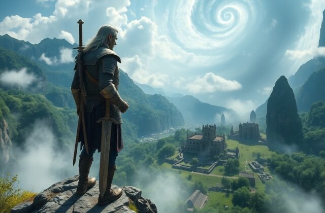 An illustration of Geralt of Rivia in a lush, vibrant landscape, showcasing the enhanced graphics of the remastered game.