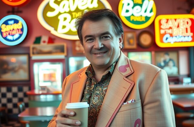 A portrait of Dennis Haskins smiling at a fan convention, surrounded by memorabilia from Saved by the Bell, with a warm and i