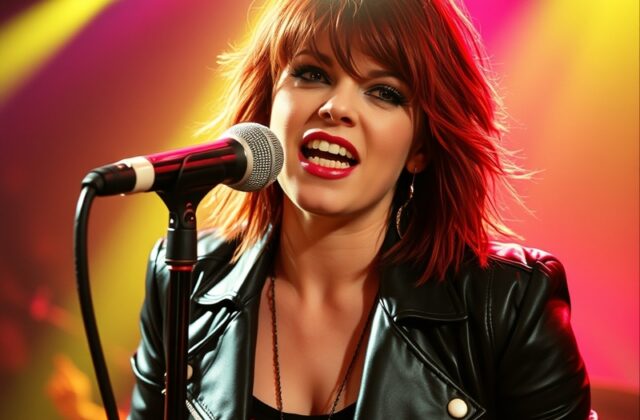 A vibrant concert scene featuring Chrissy Amphlett performing passionately on stage, showcasing her dynamic presence and icon