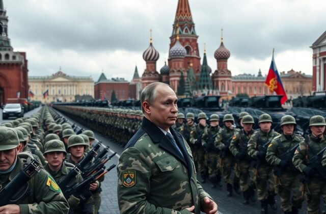 A military parade showcasing Russian troops and military equipment, set against a backdrop of the Kremlin, symbolizing streng