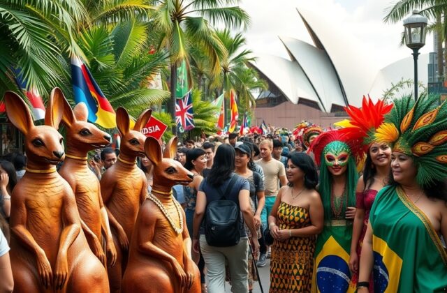 A vibrant collage showcasing Australia's natural landscapes and Brazil's cultural festivals, highlighting the beauty and dive
