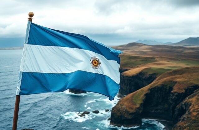 A panoramic view of the Falkland Islands showcasing rugged coastlines, lush green hills, and the vibrant blue ocean, evoking