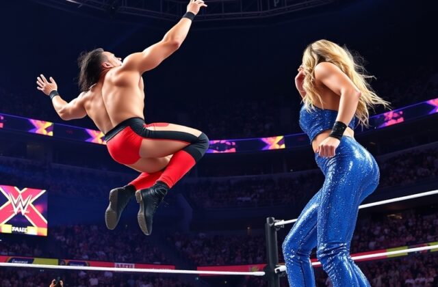 A vibrant image showcasing a WWE wrestler performing in the ring, surrounded by cheering fans, with dramatic lighting and col