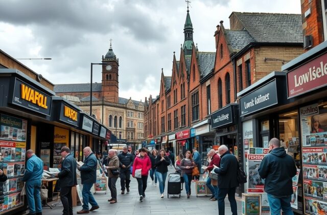 A vibrant street scene in Rotherham showcasing local businesses, with people engaging in community activities and a backdrop