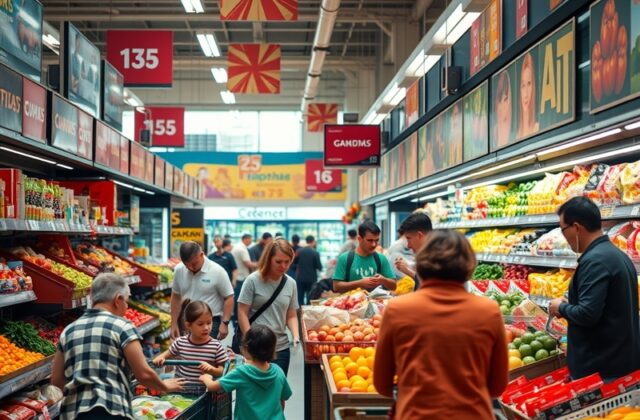 A vibrant supermarket aisle filled with fresh produce, showcasing colorful fruits and vegetables, with shoppers browsing and
