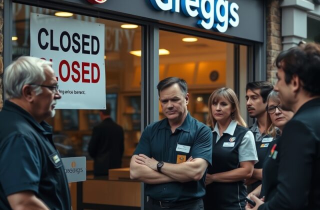 A busy Greggs bakery store with customers, juxtaposed with a sign indicating job cuts, reflecting the tension between communi