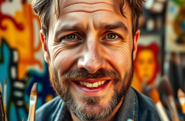 A vibrant gallery showcasing Damien Girard's artwork, highlighting his unique style and thematic focus, set in a modern art s