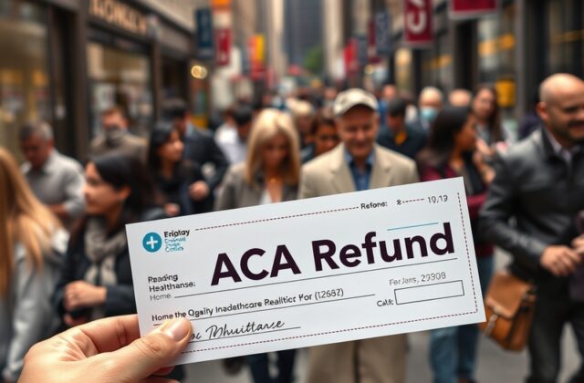 An image depicting a health insurance refund check, with a background of healthcare symbols like stethoscopes and medical cha