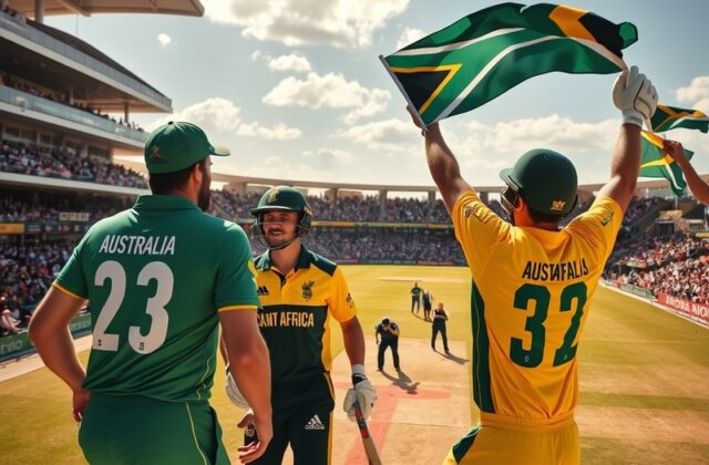 An action shot of a cricket match between Australia and South Africa, showcasing players in a tense moment on the field with