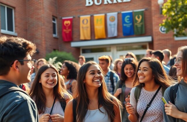 A vibrant photo of Burke High School showcasing students engaged in various activities, with a backdrop of the school's moder