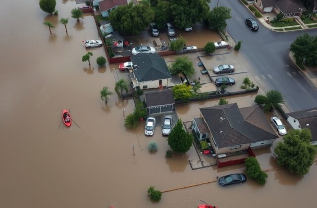 Aerial view of flooded neighborhoods in California, showcasing submerged homes and rescue operations amid heavy rain.