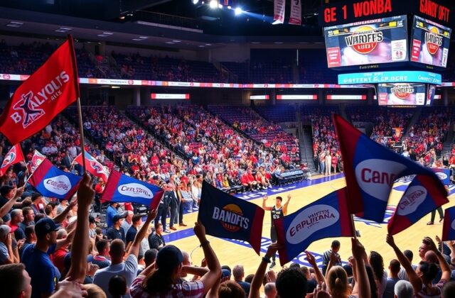 A dynamic image showcasing a WNBA playoff game, featuring players in action, fans cheering, and vibrant team colors.