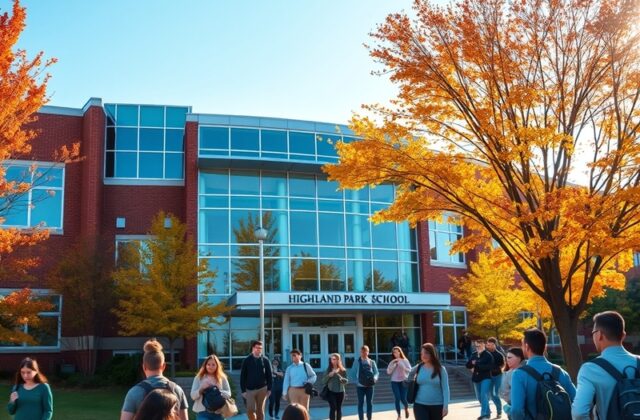 An engaging image of Highland Park High School, showcasing its historic architecture and vibrant student life, with students