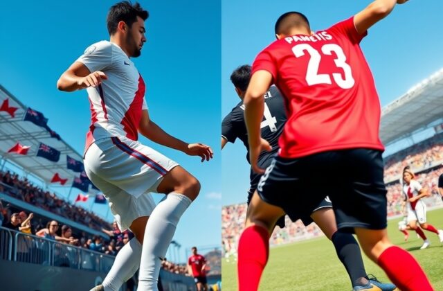 A dynamic soccer match scene featuring players from Panama and New Zealand, showcasing intense action and vibrant team colors