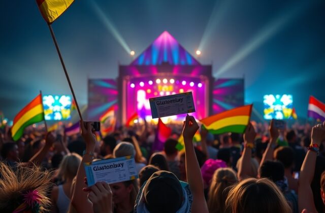 A vibrant scene from Glastonbury Festival showcasing a diverse crowd enjoying live music, with colorful tents and a sunny atm