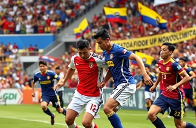 A vibrant football stadium filled with fans from Japan and Ecuador, showcasing flags and team colors, creating an energetic a
