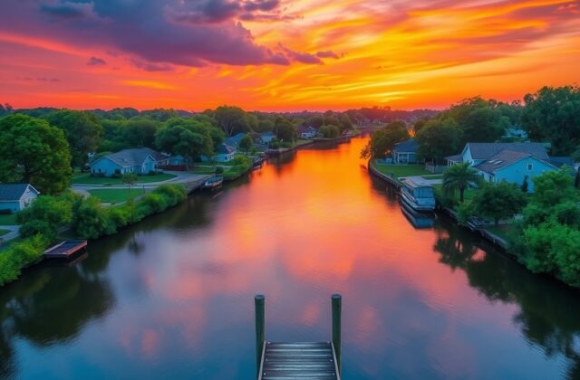 A scenic view of Channelview, Texas, showcasing a park with families enjoying outdoor activities, surrounded by greenery and