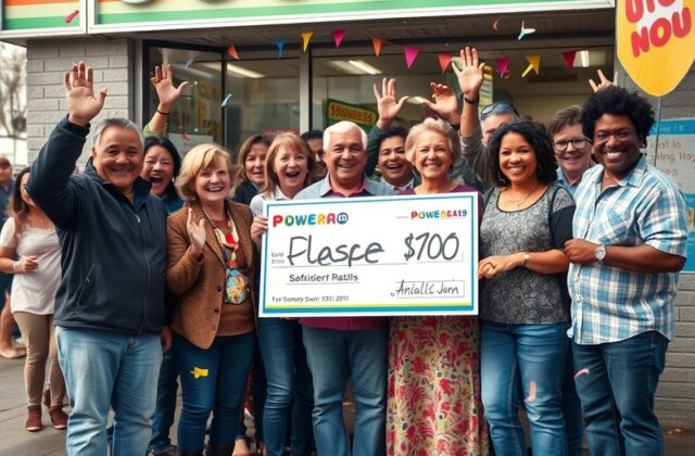 A celebratory scene featuring happy Powerball winners holding their tickets, with confetti in the air, showcasing joy and exc