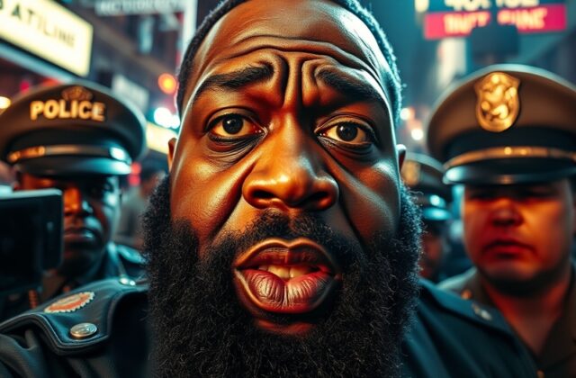 A dramatic image of Rick Ross in a contemplative pose, set against a blurred background of a courthouse, symbolizing the inte