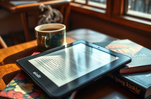 An image showcasing the Amazon Kindle ColorSoft e-reader with a colorful display, surrounded by books and reading materials,