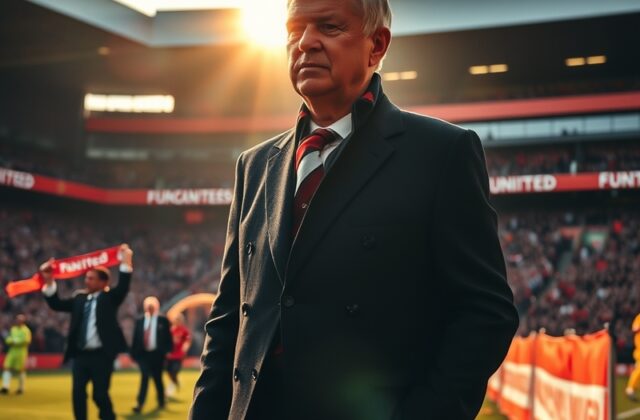 A vibrant image of Sir Alex Ferguson smiling in the stands of Old Trafford, surrounded by cheering fans, capturing the atmosp