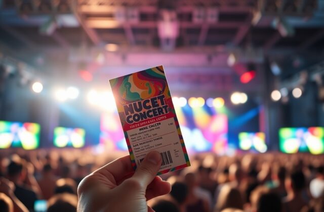 A vibrant image showcasing a crowd at a concert, with various ticket designs overlaying the scene, capturing the excitement o
