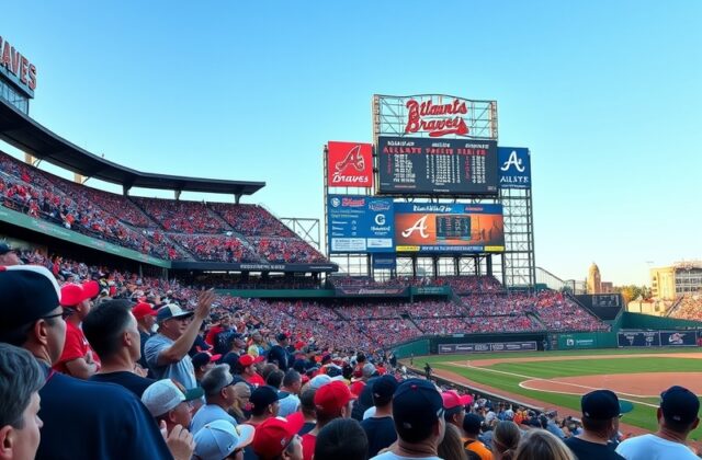 A vibrant image of Truist Park filled with enthusiastic Braves fans during a game, showcasing the excitement of baseball seas