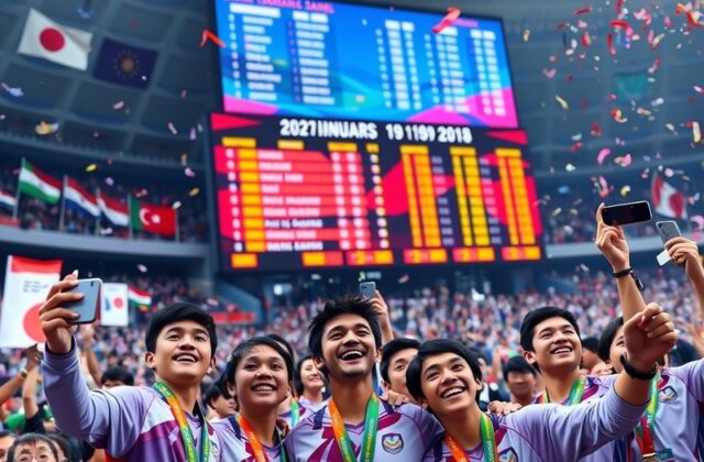 An energetic scene from the Asian Games showcasing athletes in action, with flags of participating nations in the background,