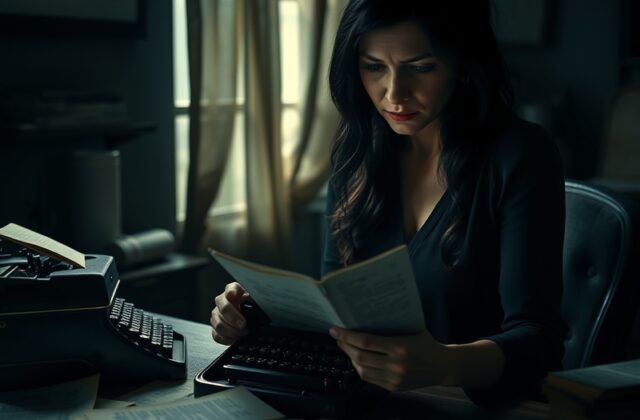 A moody film still depicting a tense moment between the characters Lowen and Verity, set in a dimly lit room filled with book