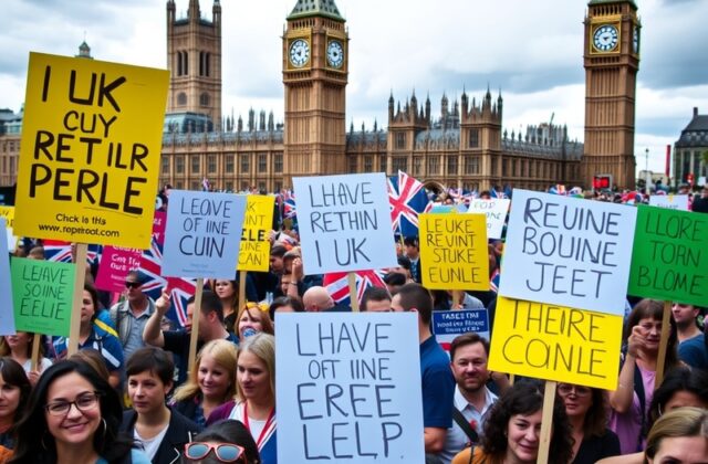 A visual representation of a polling station in the UK, with citizens casting their votes, set against a backdrop of the EU f