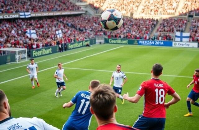 An action shot from a football match between Finland and Albania, featuring players in dynamic poses, with fans cheering in t