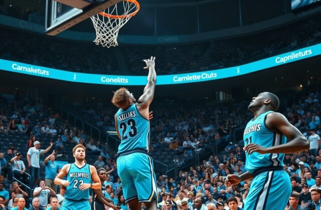 An action shot of Memphis Grizzlies and Charlotte Hornets players competing on the court, showcasing the intensity of their r