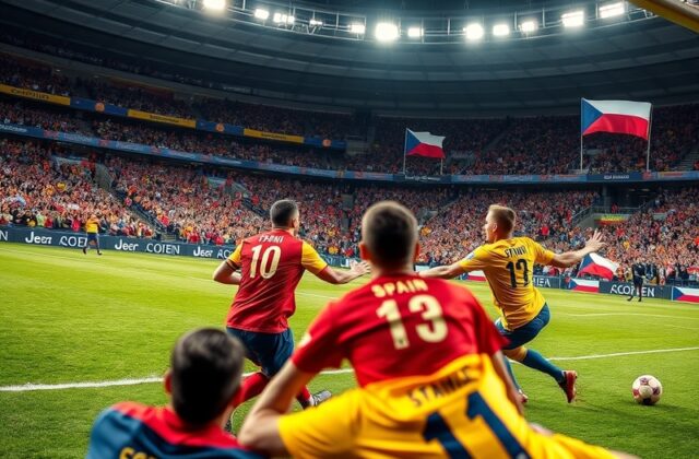 Action shot of Spain and Czechia players competing on the football field, showcasing intense expressions and dynamic movement