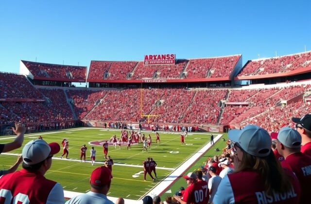 A vibrant stadium scene filled with fans wearing Arkansas and Texas A&M colors, showcasing the excitement of the rivalry.