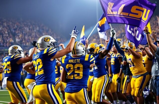 A vibrant scene capturing the excitement of a college football game between McNeese State and LSU, featuring fans in team col