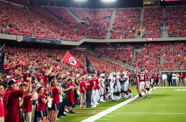 A vibrant scene at Williams-Brice Stadium during a Gamecocks football game, showcasing passionate fans in garnet and black, w
