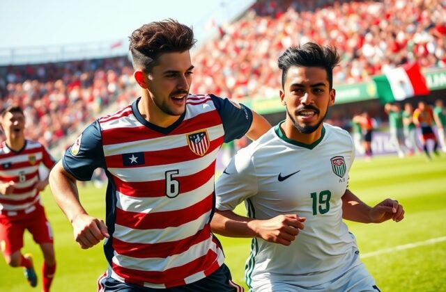 An intense soccer match between USA and Mexico, showcasing passionate fans, vibrant colors, and a competitive atmosphere in a