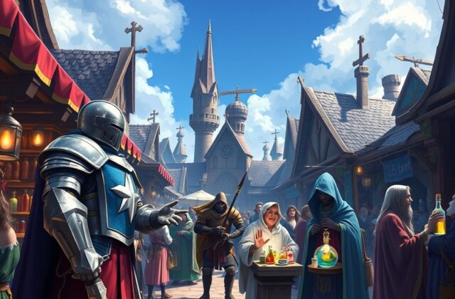 An illustration of a RuneScape character exploring a vibrant fantasy landscape, showcasing various skills and community inter