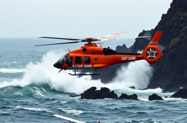 A Coast Guard helicopter flying over the ocean during a search operation, with waves crashing below and a dramatic sky in the