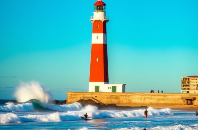 A panoramic view of Newcastle's coastline featuring golden beaches, the iconic lighthouse at Nobbys Beach, and a clear blue s