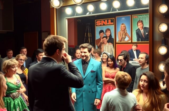 A lively SNL stage with bright lights and a cheering audience, capturing the excitement of live comedy.