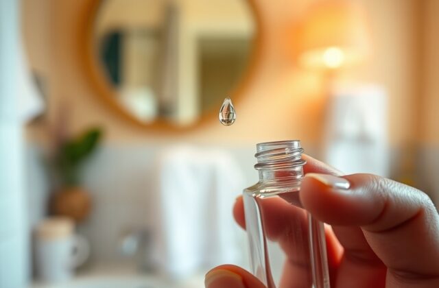 A close-up of a person administering eye drops, showcasing the eye's clarity and the product's packaging in a bright, clinica