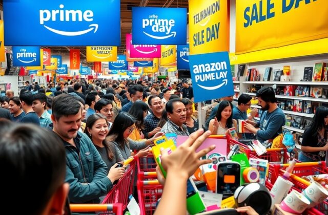A vibrant collage of online shopping scenes during Prime Day, featuring diverse shoppers engaging with technology, colorful p