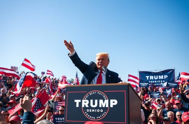 A vibrant scene from Trump's Ohio rally, showcasing a large crowd of enthusiastic supporters holding signs and wearing campai